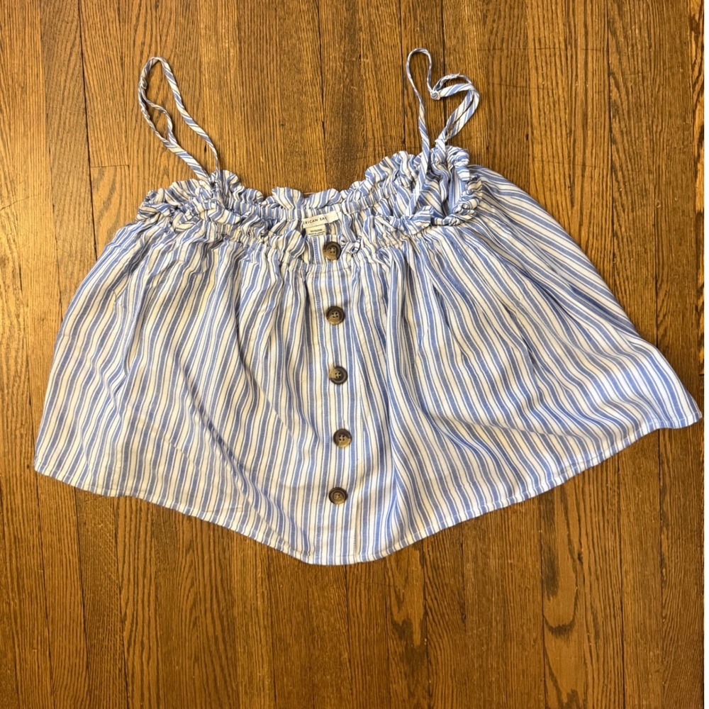 American Eagle Striped Crop Cami Top XL Blue White Button Front Ruffle Neck